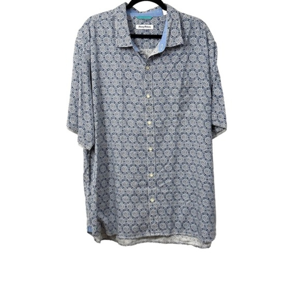 Tommy Bahama Mens Button Shirt XXL Blue Geometric Island Vacation Casual Hexagon